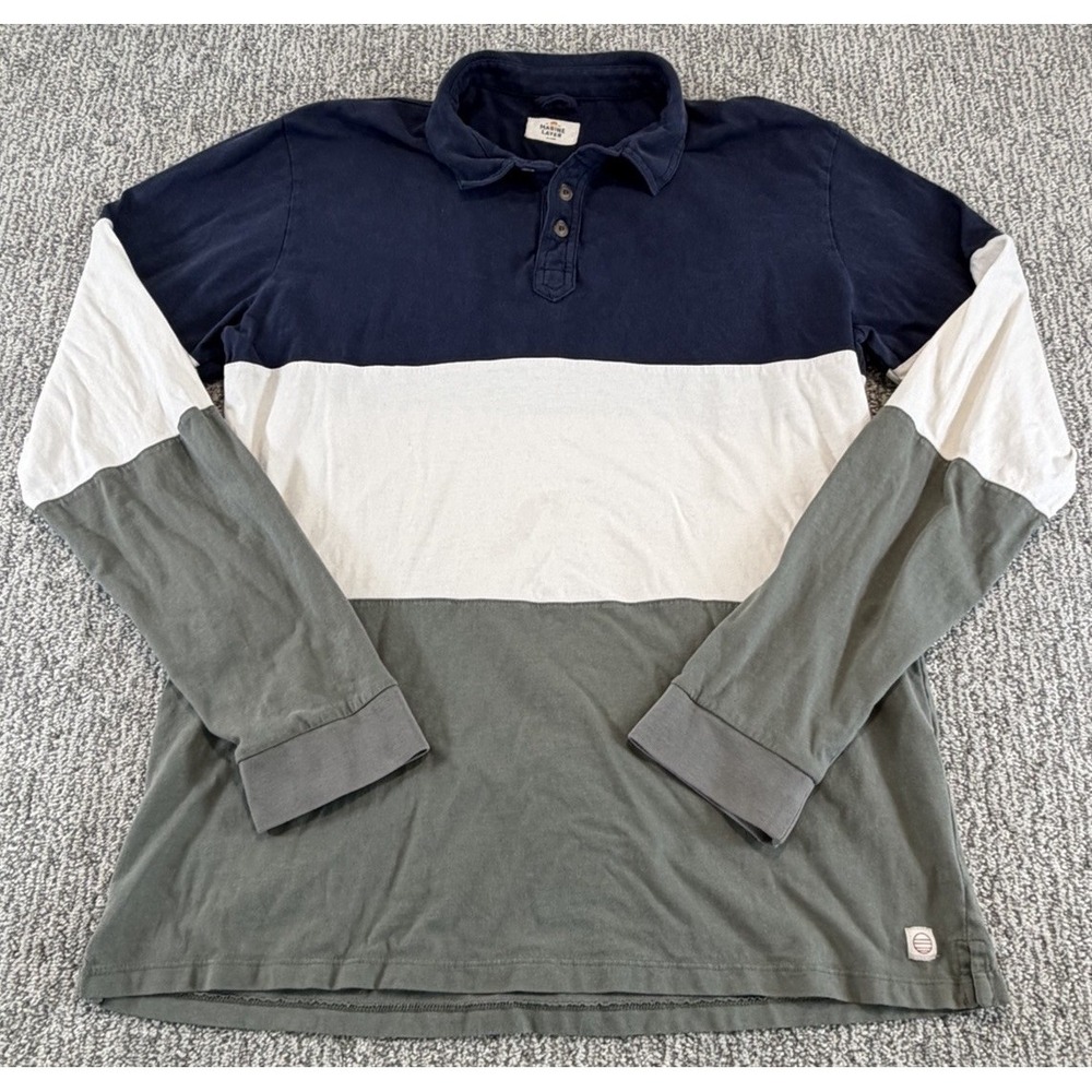 Marine Layer Polo Shirt Mens Large Blue Colorblock Long Sleeve Organic Cotton
